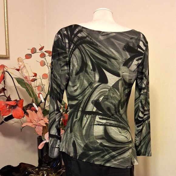 NWT Robert Kitchen Women's Gray Black Printed Blouse Long Sleeve Top Size 10 M - Picture 5 of 8